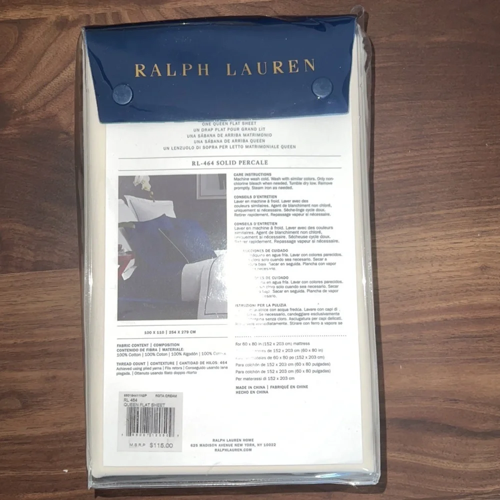 Ralph Lauren One Queen Flat Sheet RL-464 Solid Percale Cream 100% Cotton